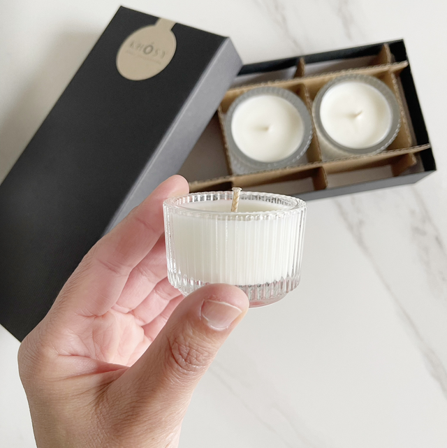 KHÔSY® DISCOVERY candle sets showing LE RIAD, THE BOTANIQUE, HAMMAM, CACHEMIRE and TERRACOTTA scents