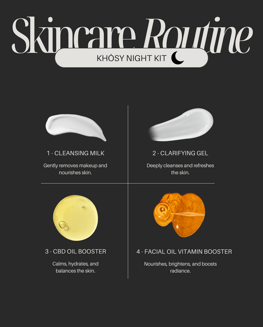 KHÔSY® 3-step facial night routine - Cleansing Milk, Clarifying Gel and CBD or Vitamin Booster