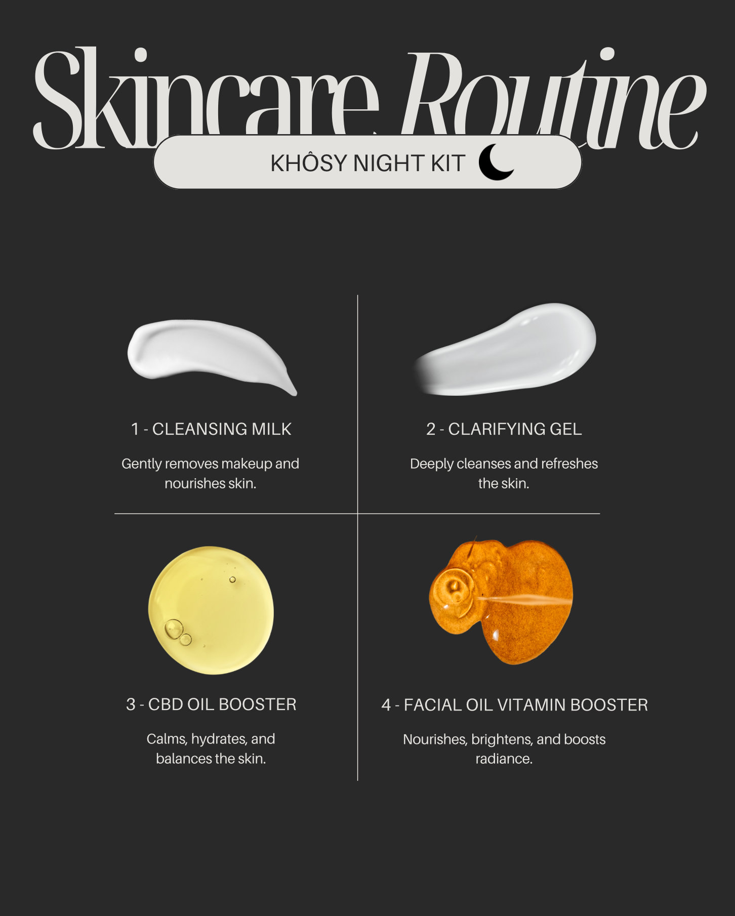 KHÔSY® 3-step facial night routine - Cleansing Milk, Clarifying Gel and CBD or Vitamin Booster