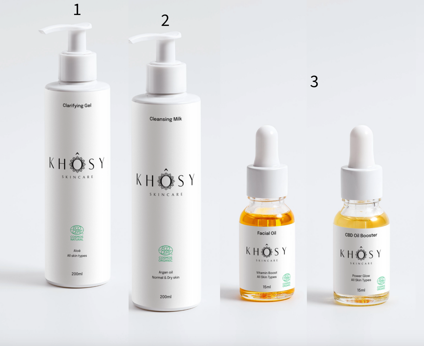 KHÔSY® WELCOME Starter Night Kit - Cleansing Milk, Clarifying Gel, CBD Oil Booster and Facial Oil Vitamin Booster