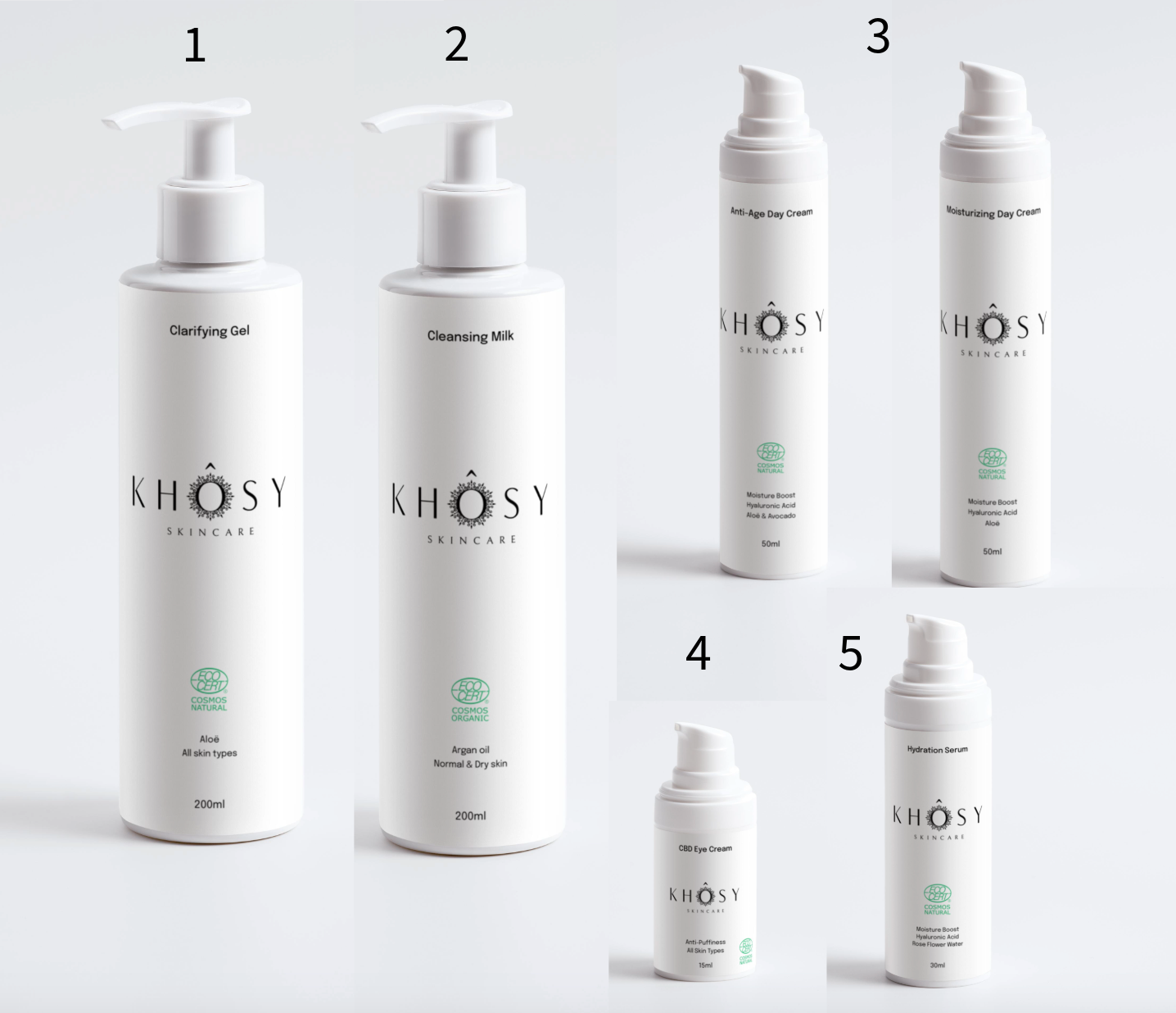 KHÔSY® WELCOME Starter Day Kit - Clarifying Gel, Cleansing Milk, Anti-Age Day Cream, Moisturizing Day Cream, CBD Eye Cream and Hydration Serum